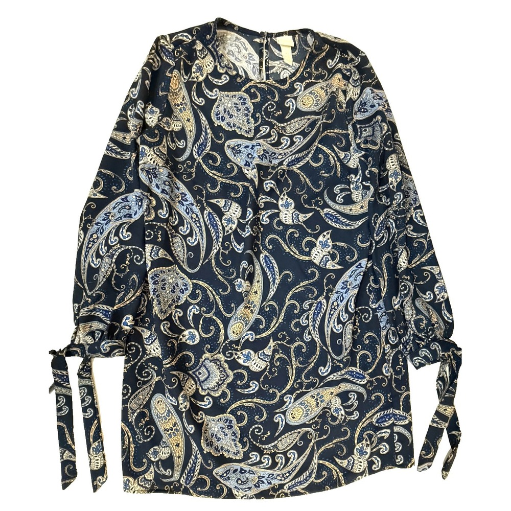 H&M Dress Womens 12 Blue Paisley Long Sleeve Tie Sleeves Accent Boho Cottagecore